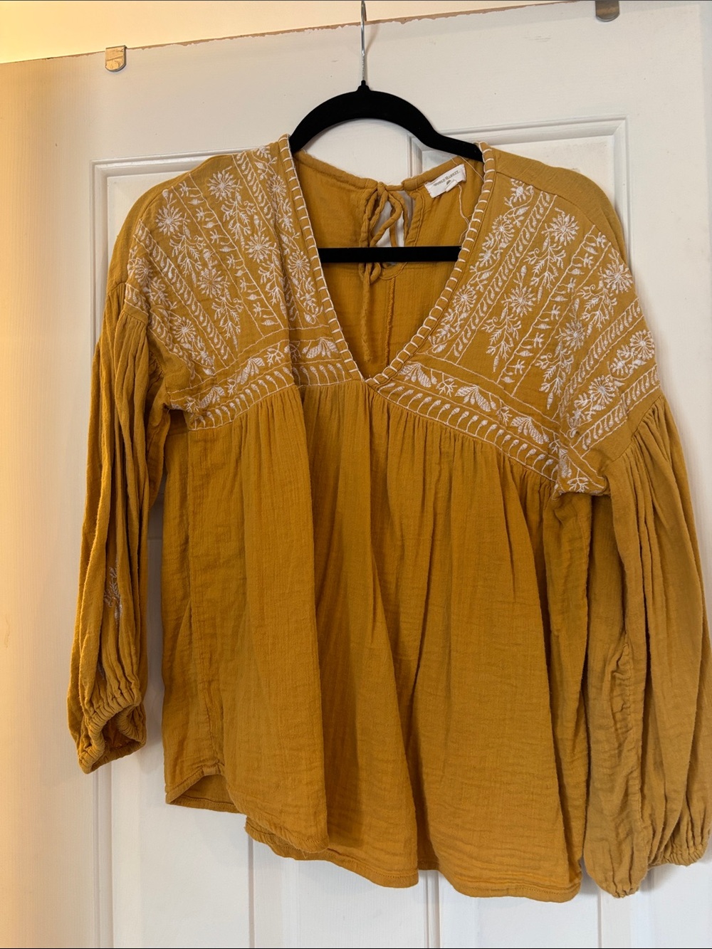 Cost Plus World Market Mustard Embroidered V-Neck Peasant Tunic